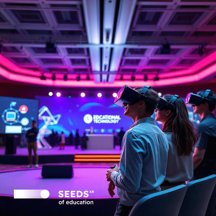 Jóvenes con gafas de realidad virtual disfrutando de un congreso de SEEDSXR