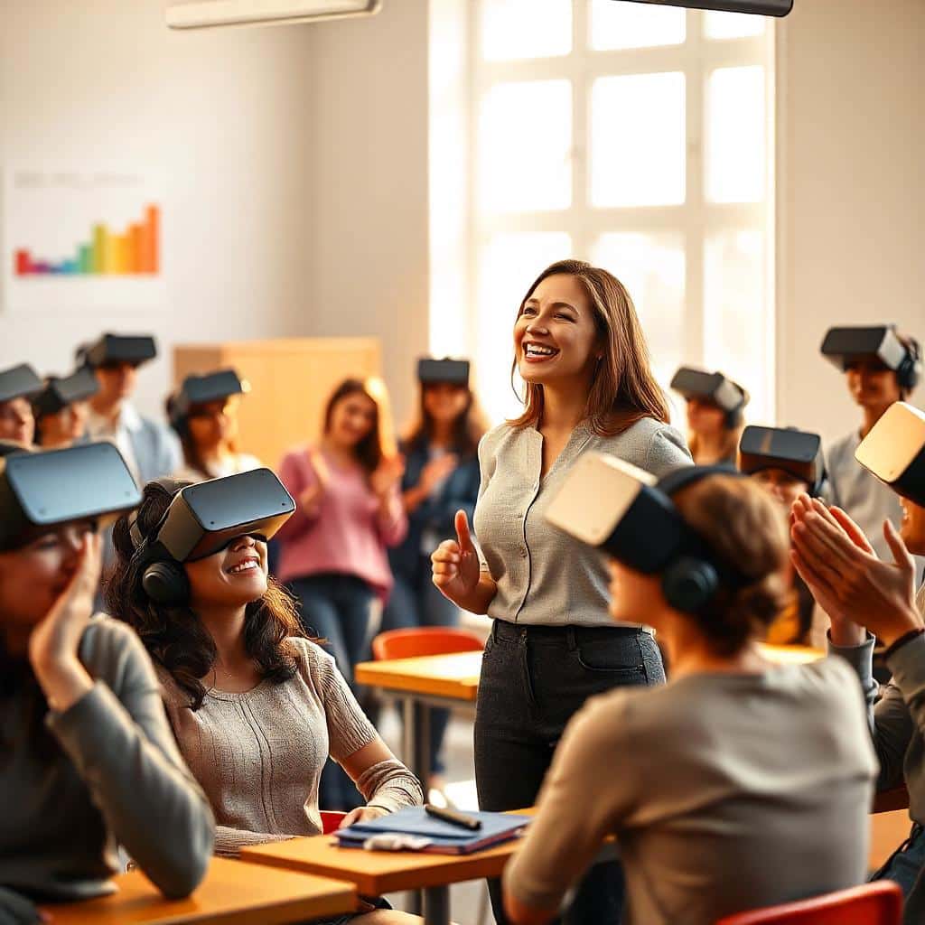 Una profesora sonríe feliz en el día internacional de los profesores mientras sus alumnos lo celebran con gafas de realidad virtual